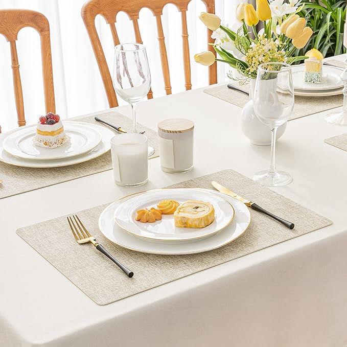 Romanstile Vinyl Placemats Set of 12-12 X 17 Inch - Faux Leather 100% Waterproof Oil-Proof Wipeable Place Mats, Heat Resistant Reversible PU Table Mats for Kitchen Dining Party Outdoor, Beige