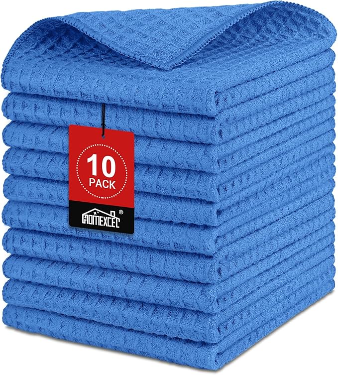 HOMEXCEL Waffle Weave Microfiber Towel, 10 Pack Lint Free Cleaning Rags, 12 x 12 Inches Barista Towels, Reusable Microfiber Cleaning Cloth for Household, Kitchen, Glass and Window, Blue