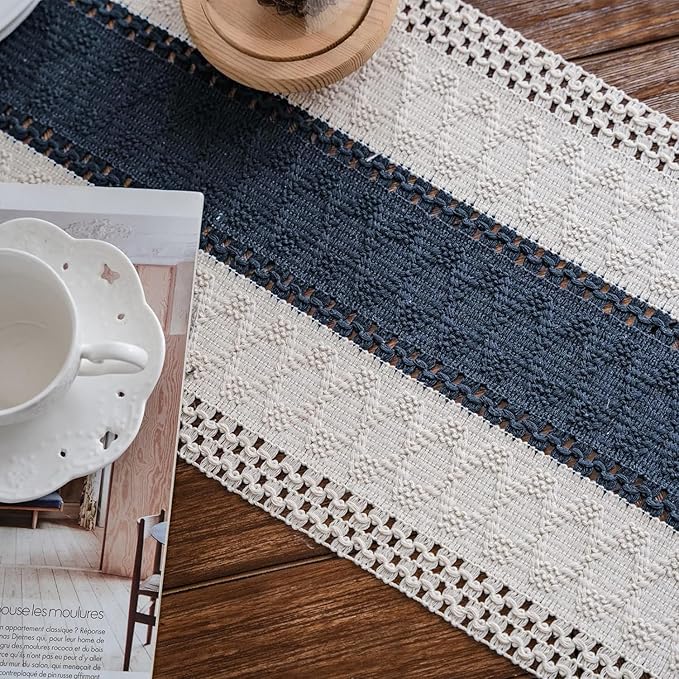 Alynsehom Macrame Table Runner Cream Beige and Blue Boho Table Runners with Tassels Hand Woven Cotton Table Runner Rustic Farmhouse Table Runners for Bohemian Kitchen Dining Table(12x71in)