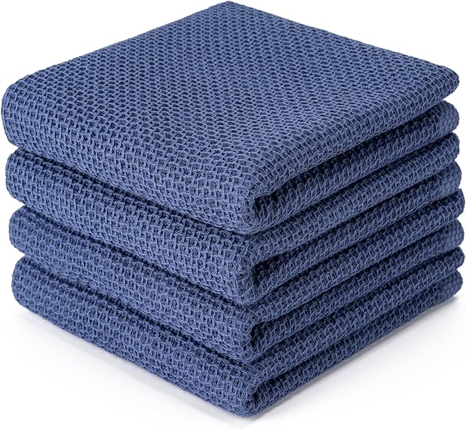 BOOMIBOO 4-Pack Dish Towels, 100% Cotton Waffle Weave, Ultra Soft Absorbent, Navy Blue, 13x28 Inches