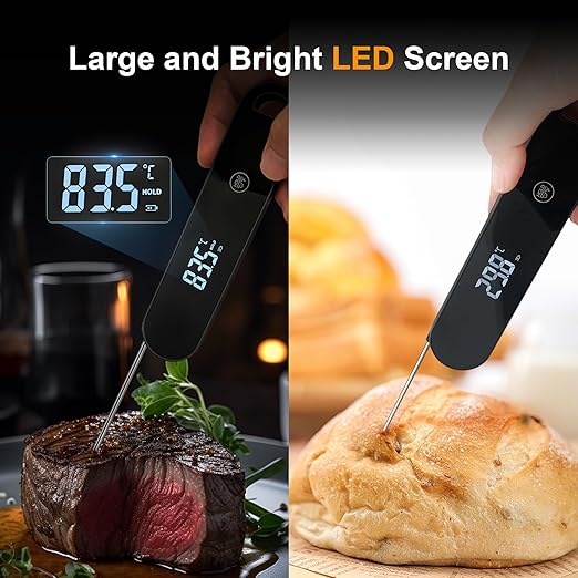 Charmline 0.5 Sec Instant Read Meat Thermometer Digital, 180° Auto-Rotating Display LED, Food Thermometer for Cooking, Baking and Grilling, Dual Battery Design for Longer-Lasting Performance