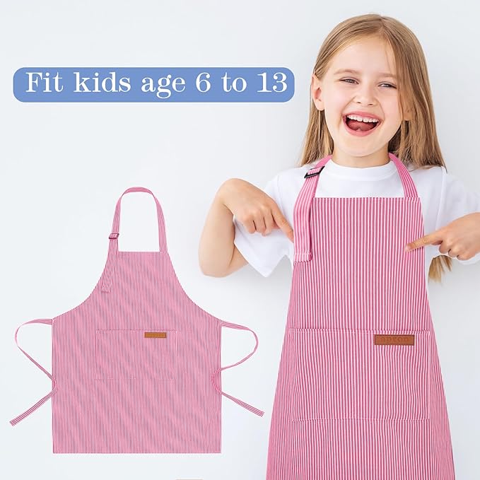 2 Pack Stripes Kids Apron, Kids Cooking Aprons with 2 Pockets, Cute Aprons for Cooking for Boys and Girls