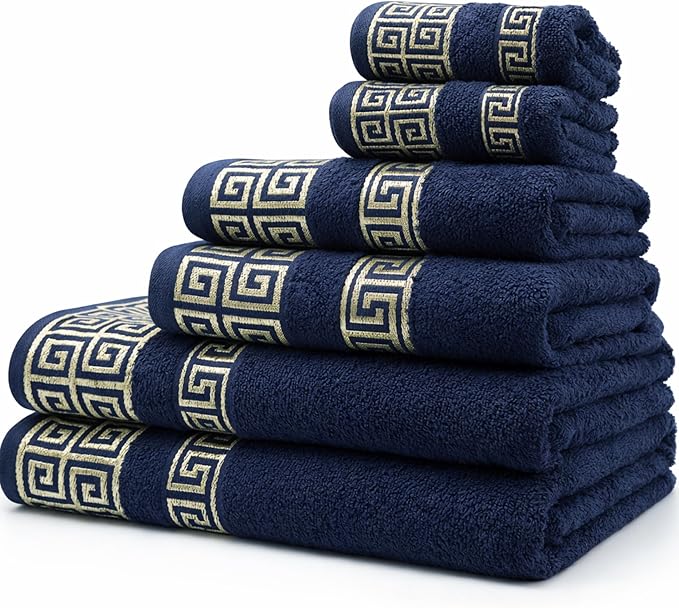 Premium Soft Cotton 6 Piece Towel Set with Greek Key Design – 2 Bath Towels 2 Hand Towels 2 Washcloths, Ultra Absorbent & Quick Dry Turkish Towels for Bathroom, Navy Blue Towel Sets G04
