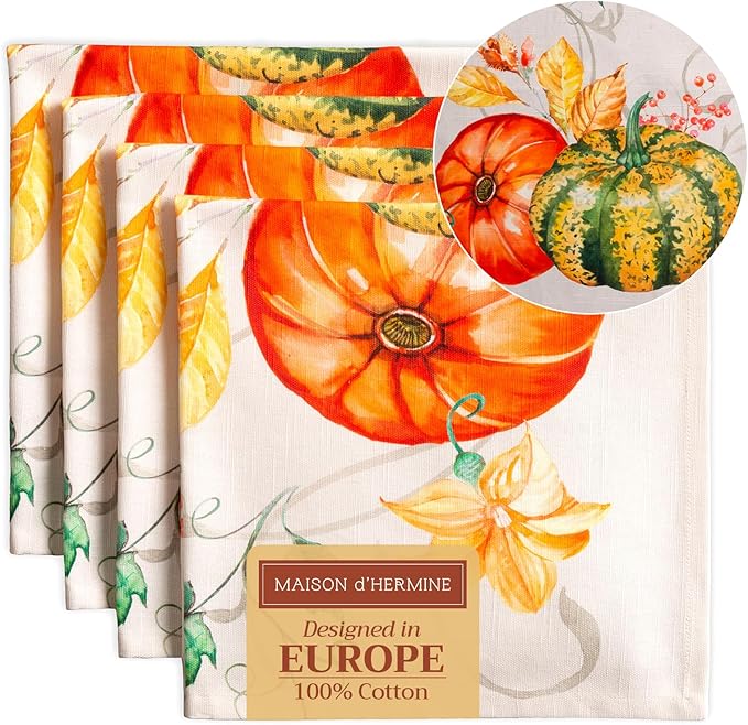 Maison d' Hermine Cloth Napkins Set of 4 100% Cotton for Thanksgiving Christmas Decorations Everyday Reusable Square Fall Napkins Cloth Washable Dinner Party (Lumina, 20"x20")