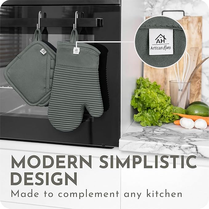 Extra Long Silicone Oven Mitts and Pot Holders Sets | Heat Resistant 500°F BPA-Free Food Grade Silicone Hot Pads & Kitchen Mittens | 4-Piece Set of Oven Gloves & Potholders for Kitchens- Gray