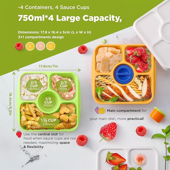 Jewel Color Bento Lunch Box Containers, 4 Pack Meal Food Prep Containers Reusable with Lids, Divided Food Storage Containers with Sauce Cups