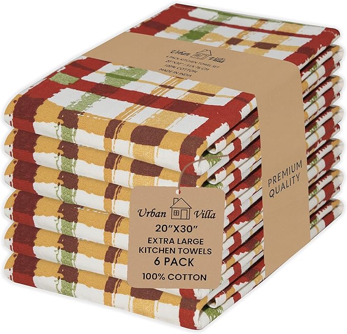 Urban Villa Kitchen Towels 100% Cotton Dish Towels for Kitchen (Set of 6) 20”x30” Dish Cloths Highly Absorbent Kitchen Linen Set with Hanging Loop Perfect for Drying Dishes Cleaning – Fall Checks