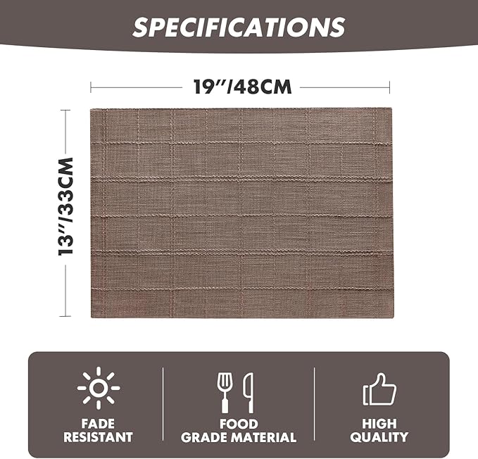 ZeeMart Linen Checked Placemats Set of 6, Plaid Embroidery Textured Table Mats, Double Layer Thick Farmhouse Rustic Place Mats for Kitchen Dining Table Home Decor, Cocoa Brown 13x19 Inch