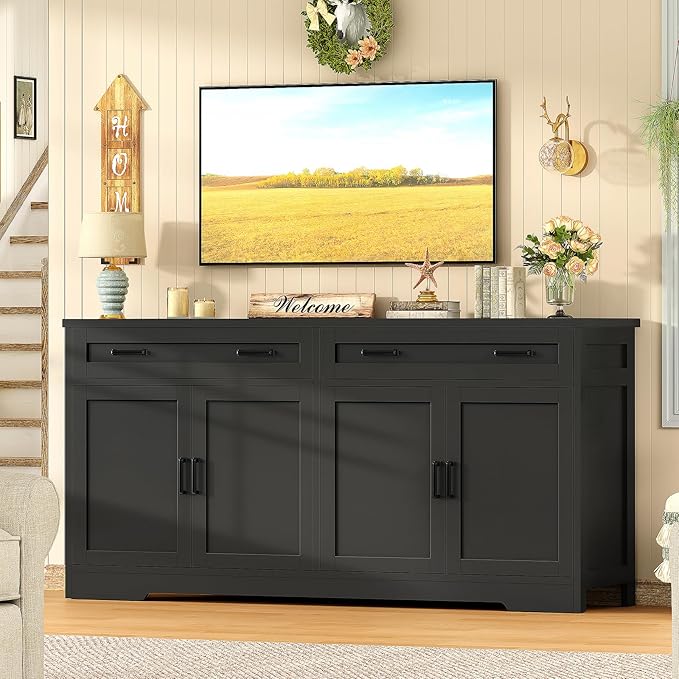 usikey 63" Buffet Cabinet with Storage, Large Sideboard Buffet Cabinet with 2 Adjustable Shelves and 4 Doors, Modern Farmhouse Coffee Bar for Kitchen, Living Room, Black