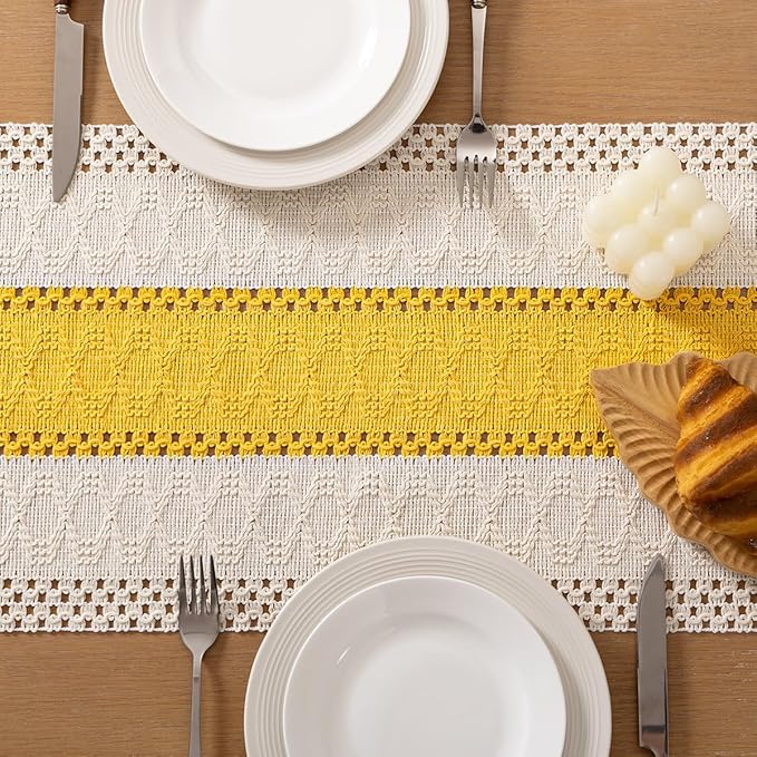 Socomi Boho Table Runner Macrame Long Easter Spring Farmhouse Woven Cotton Linen Rustic Coffee Table Runner with Tassels for Dresser Scarf Home Decor Dining Room 12x108 in Yellow Gold Ivory