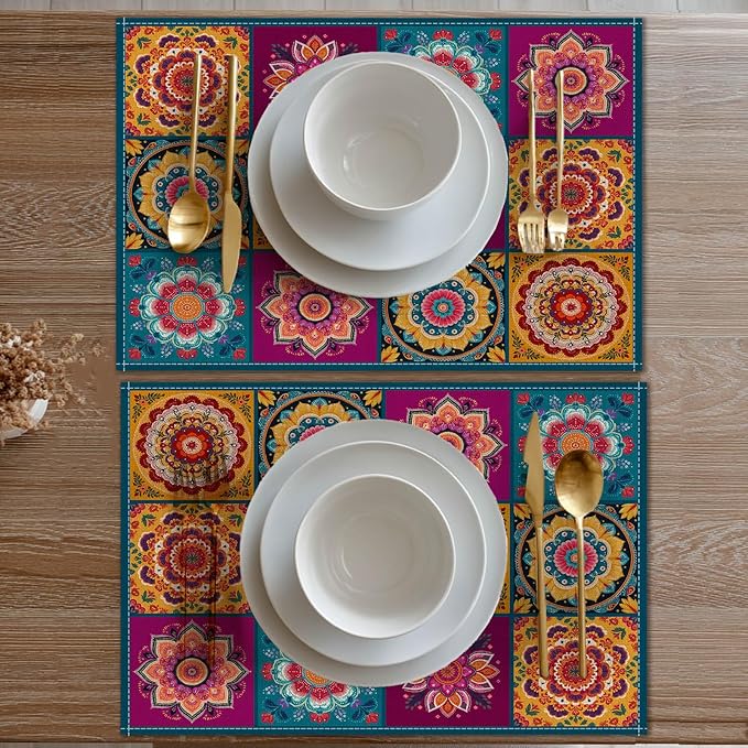 HOMETITUTE Placemats Set of 4 Linen 12x18 Inch Washable Table Mats Mandala Bohemian Style Christmas Place Mats Colorful Placemats Decorative Farmhouse Kitchen Dining Table Set