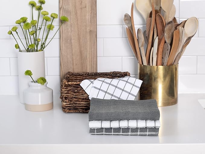 Ritz Terry Check Dish Cloth Set: Highly Absorbent & Super Soft - 100% Cotton, Durable Kitchen Cleaning Cloths for Wiping Tables and Counters, 6-Pack, Gray
