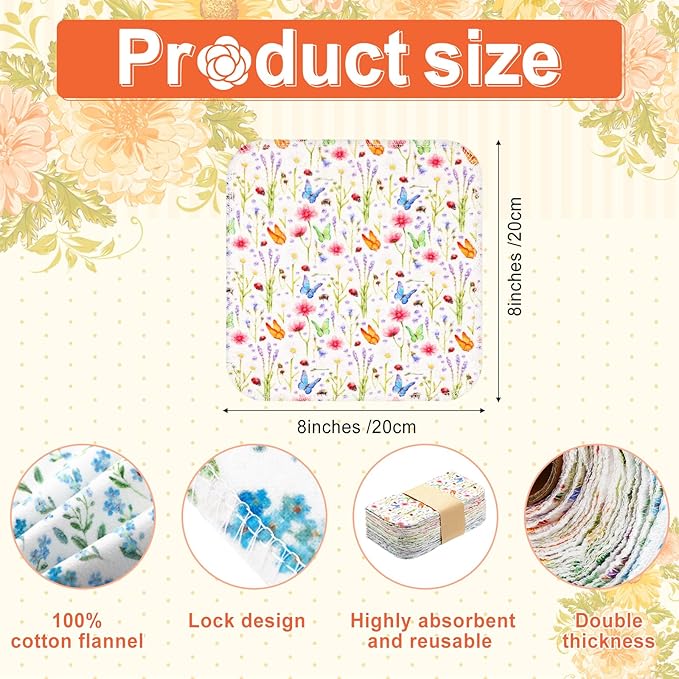 Kinlop 24 Pcs Spring Easter Lunchbox Cloth Napkins Bulk Reusable 2 Ply 8" x 8" Floral Style Flannel Wipes Washable Soft Cotton Sturdy Absorbent Cloth Placemats for Dining Home Party
