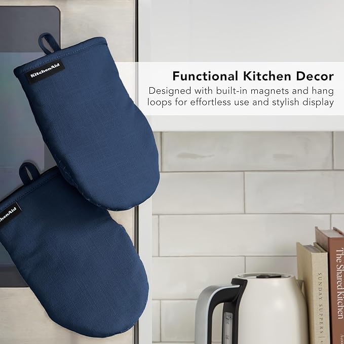 KITCHENAID Gourmet Series Gridlines Mini Oven Mitts 2-Pack Set, Heat Resistant up to 600°F, Soft Silicone Grip, Magnetic Cuff, Ink Blue, 5.5"x9"