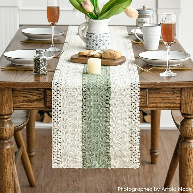 Artoid Mode Light Green Farmhouse Rustic Table Runner, Seasonal Holiday Hollow Kitchen Dining Table Decoration for Home Party Decor 12x120 Inch