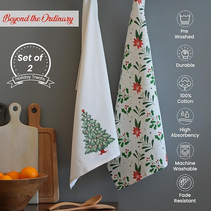 The Fine Living Co. 100% Cotton Kitchen Towels Set of 2, 18 x 28 inches, Christmas Tree Printed Dish Towels, Hand Towels, Boho Tea Towels - Multifunctional, Stylish, Absorbent, Quick Dry, Soft