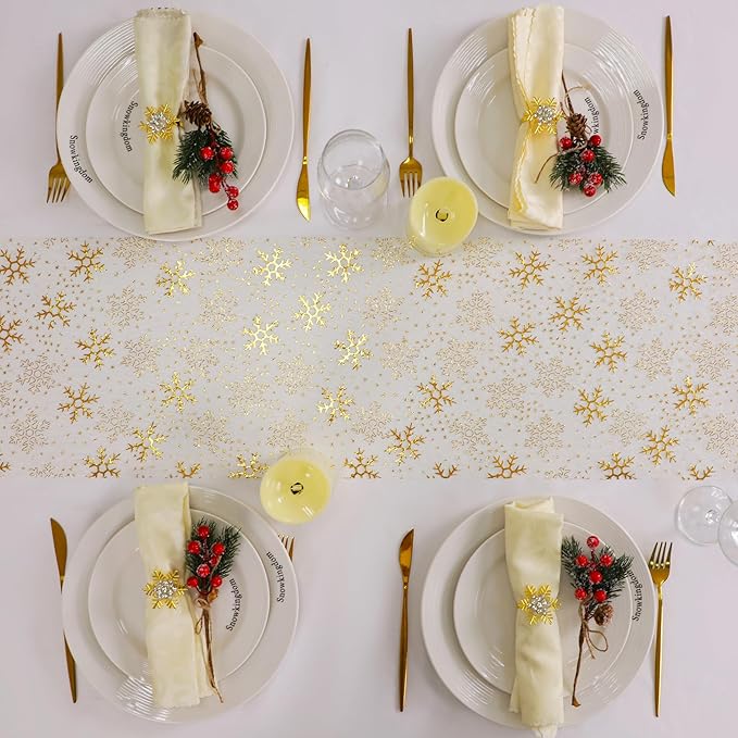 Snowkingdom Christmas Snowflake Gold Table Runner 11 Inch x 49 Feet Sparkly Gold Foil Glitter Metallic Mesh Runners Dining Table Decorations for Seasonal Winter Xmas Festival Holiday Home Party