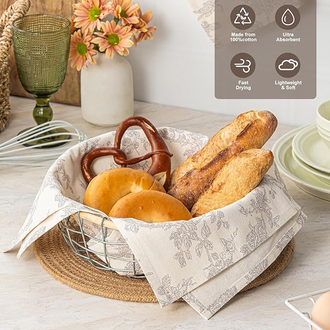 100% Cotton French Pastoral Kitchen Towels Set of 2, Decorative Flour Sack Tea Towels with Hanging Loop 18x25 Inch Absorbent Dish Cloths Farmhouse Home Decor, Grey