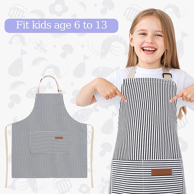 2 Pack Stripes Kids Apron, Kids Cooking Aprons with 2 Pockets, Cute Aprons for Cooking for Boys and Girls