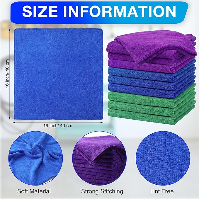 Nuenen Cleaning Cloths for Cars 16 x 16 Inch Ultra Absorbent Towels Drying Microfiber Reusable Cleaning Supplies House Kitchen Window Microfiber Towel (Purple,Blue,Green,60 Pcs)