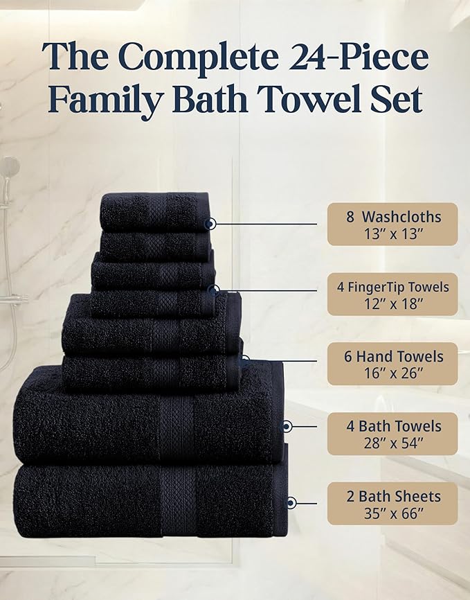 Lane Linen Bathroom Towels Sets - 24 PCs - 100% Durable Cotton Towels - Absorbent & Quick Drying - 4 Bath, 4 Fingertip, 6 Hand Towel, 8 Washcloth, 2 Bath Sheet - Housewarming Essentials - Black Towels