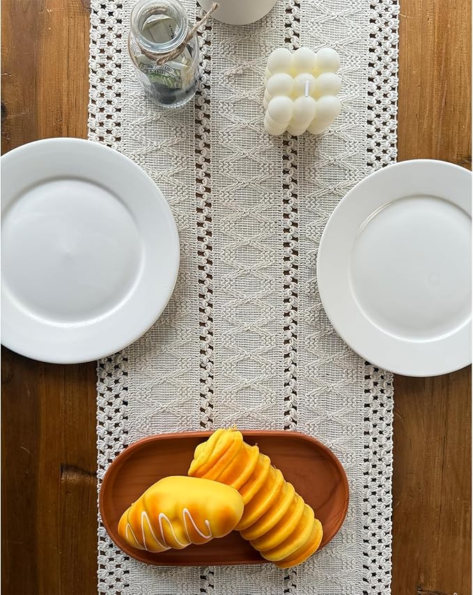 Macrame Table Runner Cream Beige Boho Table Runners with Tassels 72 Inches Long, Rustic Farmhouse Table Runners for Living Room Bridal Shower(12x72in, Fringe Included )