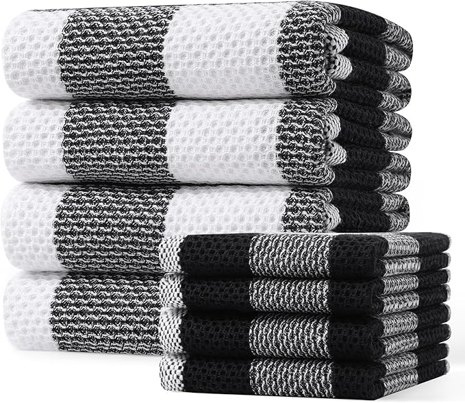 Homaxy Kitchen Towels and Dishcloths Set, 12 x 12 and 20 x 28 Inches, Set of 8 100% Cotton Waffle Weave Check Plaid Kitchen Dish Towels, Super Soft and Absorbent Dish Cloths, White & Black