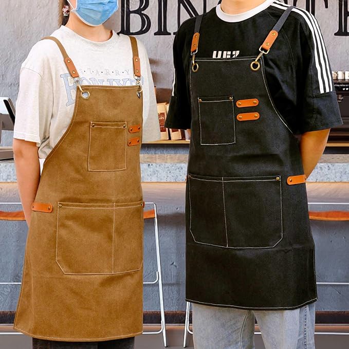LZMS Chef Apron for Men & Women, Canvas Cross Back Work Apron with 3 Large Pockets, Water-Resistant, Adjustable Size M-XXL