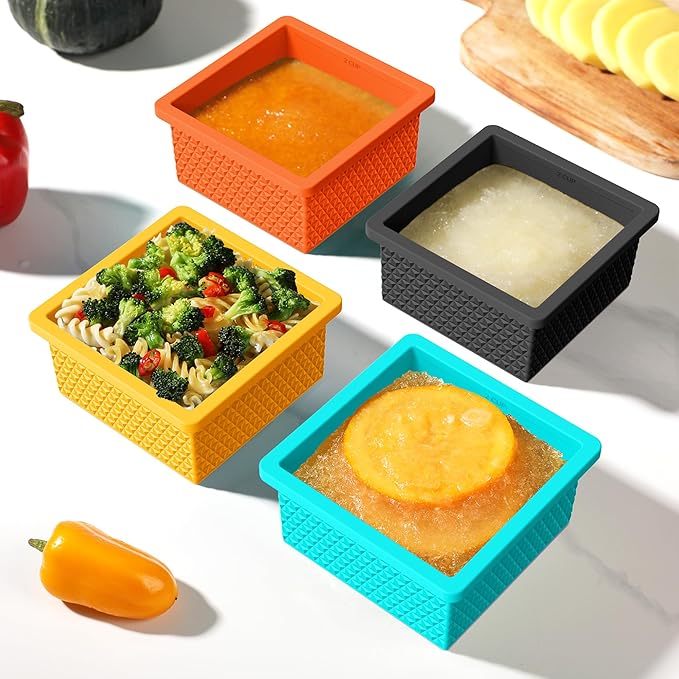 Silicone Freezer Molds for Soup Cube - 2-Cup Freezer Storage Container Tray with Lid,4 Pack Stackable Ice Cube Trays for Portion Control,Food Storage & Meal Prep (Lake Blue+Dark Gray+Orange+Yellow)