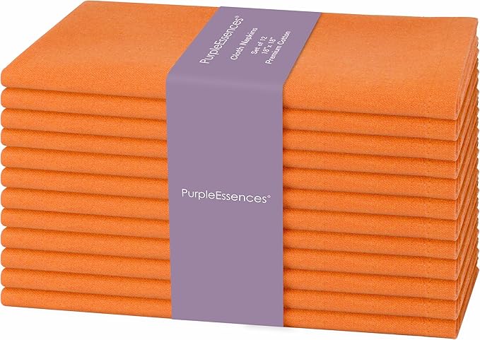 PurpleEssences Set of 12 Cloth Dinner Napkins 100% Cotton 18x18 Inch - Soft Durable Washable - Ideal for Farmhouse Party Spring Easter Summer - Perfect Everyday Use Table Linen - Orange