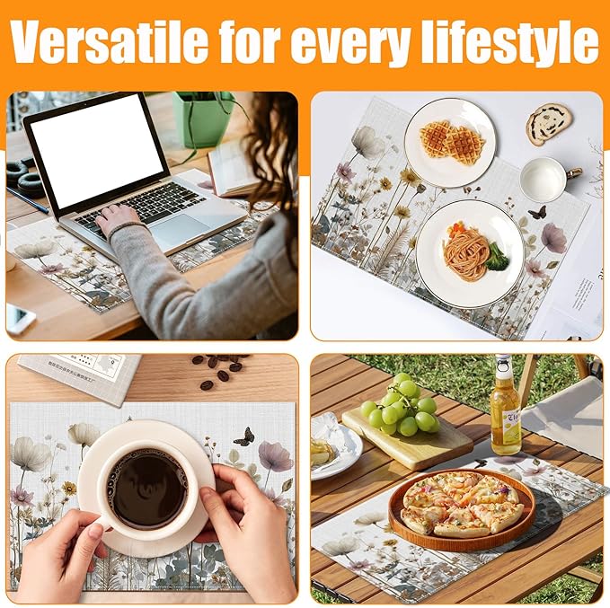 Wildflowers Herbs Placemats Set of 6,12 x 18 Inch Table Mats Washable Heat Resistant Linen Fabric Rectangle Place Mat for Party Home Kitchen Dining