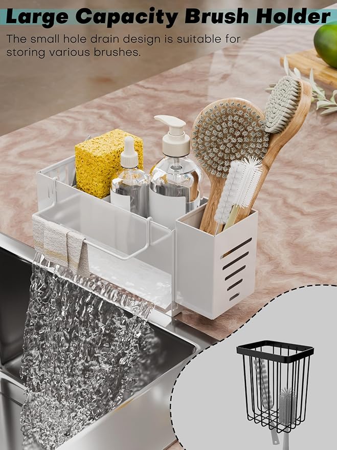 Kitchen Sink Caddy Organizer, Sponge Holder for Kitchen Sink with Upgraded Extra-Wide Drain Board, Efficient Drainage, Stainless Steel with Rust-Resistant Coating