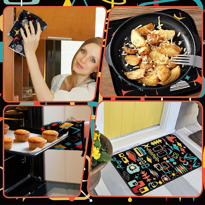 Fourluoo 12 Pcs Retro Kitchen Decor Mid Century Oven Mitts and Pot Holders Set Mid Century Kitchen Dish Towels Vintage Abstract Geometric Potholders Rugs Mats for Black White Baking Cooking BBQ Gift