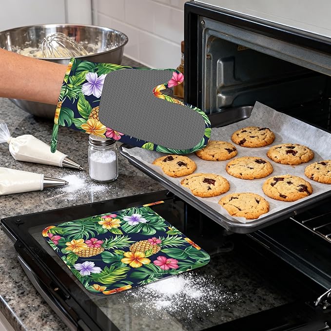 Pineapple Heat-Resistant Silicone Oven Mitts and Pot Holders,Hawaiian Tropical Palm Leave Flower Long Oven Gloves with Non-Slip Grip for Cooking, Baking, Grilling,BBQ