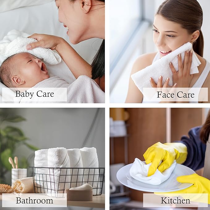GOLD TEXTILES 100% Cotton Washcloth - 12 Pack | 13x13 inches | White - Ultra Soft, Highly Absorbent, Long Lasting and Quick Drying - Hotel & Spa Collection Cool Feel Fingertip Towels
