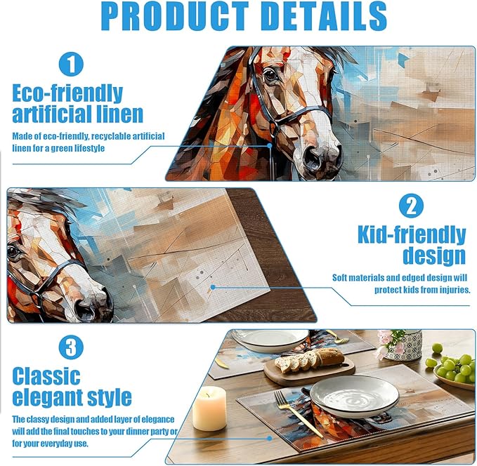 Abstract Horse Placemats Set of 6, Washable Linen Place Mat Heat Resistant Non Slip Kitchen Dining Table Mats 12x18 Inch