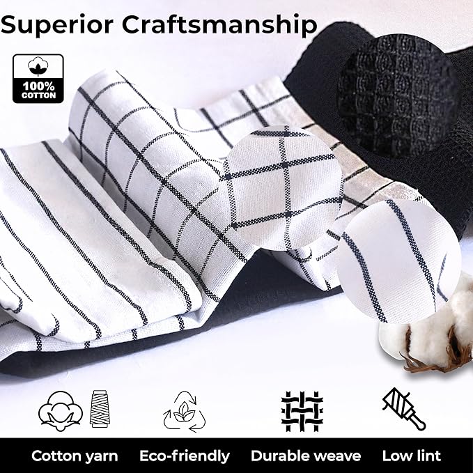 Cotton Dish Towels For Kitchen Drying - Highly Absorbent Wide Black Striped Plaid Tea Towels - 18"X28" Set Of 6 Farmhouse Linen Dishtowels In Bulk - Pano De Prato Para Cozinha - T Towles Towls