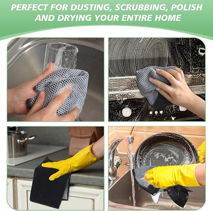 SINLAND Microfiber Dish Cloth Kitchen Cleaning Dish Towel Absorbent Fast Dry Streak Free Cleaning Cloths Poly Scour Side for House, Kitchen 12 Inch x 12 Inch 20 Pack Black