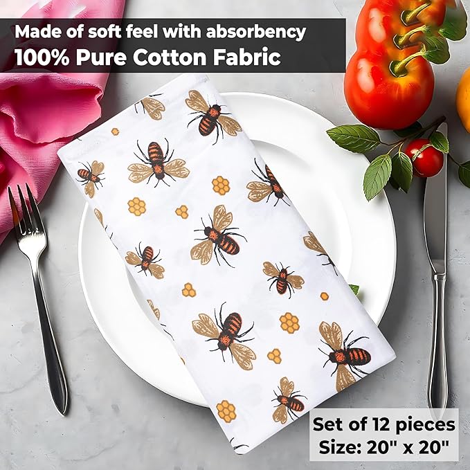 Urban Villa Cloth Napkins Honey Bee Print 100% Cotton Absorbent Dinner Napkins (Set of 6) Oversized 20x20 Inches Soft Durable Reusable Washable Ideal for Everyday Use Wedding Parties Premium Quality