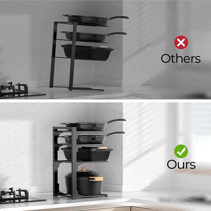 MUDEELA Pots and Pans Organizer under Cabinet 15.75" Tall, 4-Tier Heavy Duty Pan Organizers inside Cabinet Kitchen Storage, Adjustable Pot Rack Holds up to 44 LB Cast Iron Skillets Shallow Cookware