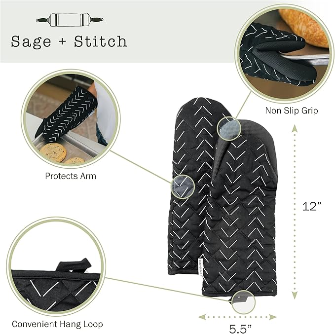 Heat Resistant Designer Kitchen Oven Mitts with Neoprene Non-Slip Grips and Hanging Loops | Set of 2 100% Cotton Long Sleeve Kitchen Oven Mitts | 5.5" x 12" | Black