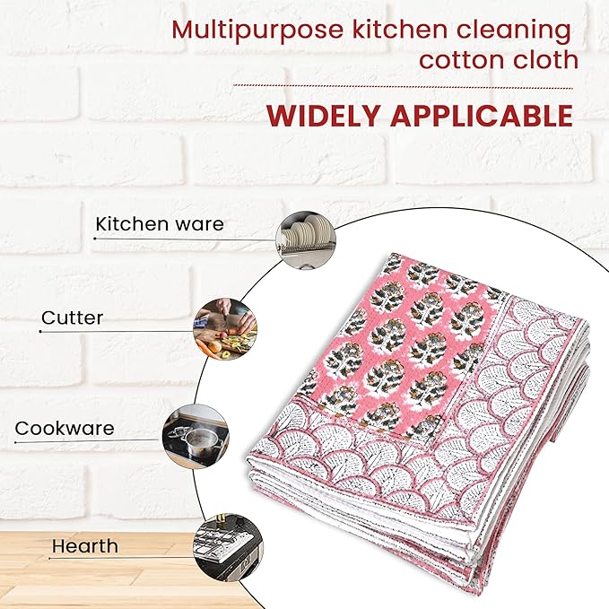 CPC Poppy Pink Hand Block Print Waffle Kitchen Towel Set of 3-16 x 28 Inch Ultra Absorbent Quick Dry Cotton Dish Towels Lightweight Reusable Sustainable Tea Towels for Cleaning and Drying
