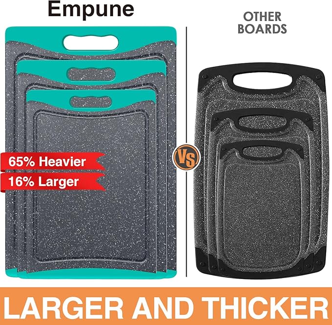 Extra Large Cutting Boards, Plastic Cutting Boards for Kitchen (Set of 3) Cutting Board Set Dishwasher Chopping Board with Juice Grooves Easy-Grip Handles, Turquoise, Empune