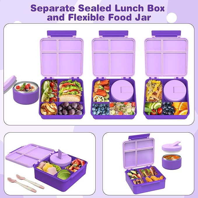 Pawtong Bento Lunch Box with 8oz Soup Thermo, Kids Leakproof Lunch Food Containers with 4 Compartment, Kids Thermo Insulated Hot Food Jar for School, Trvael (Purple)