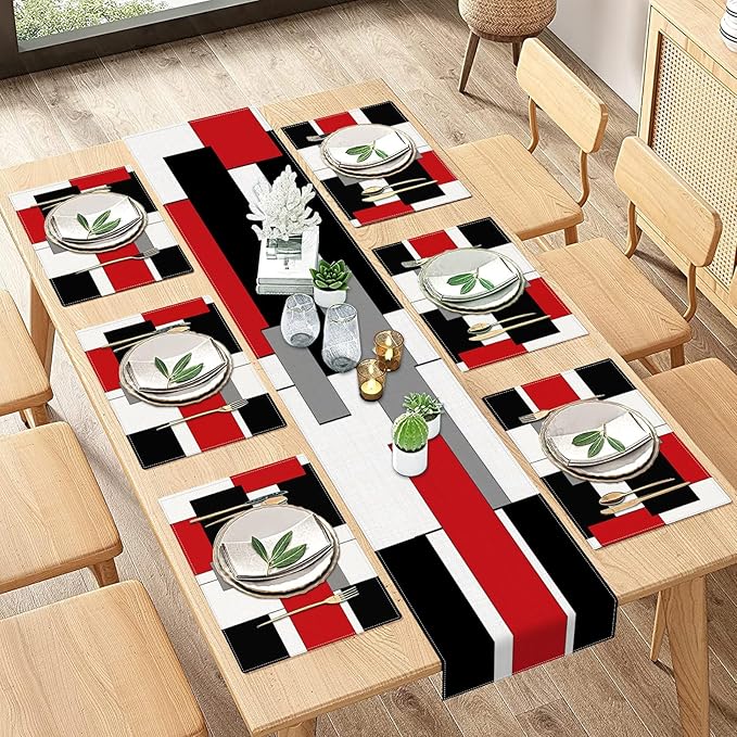 ArtSocket Geometric Table Runner and Placemats Set of 6, Red Black Grey Abstract Painting Art Dining Decor for Daily Use(1 Table Runner 72 inches Long and 6 Placemats)