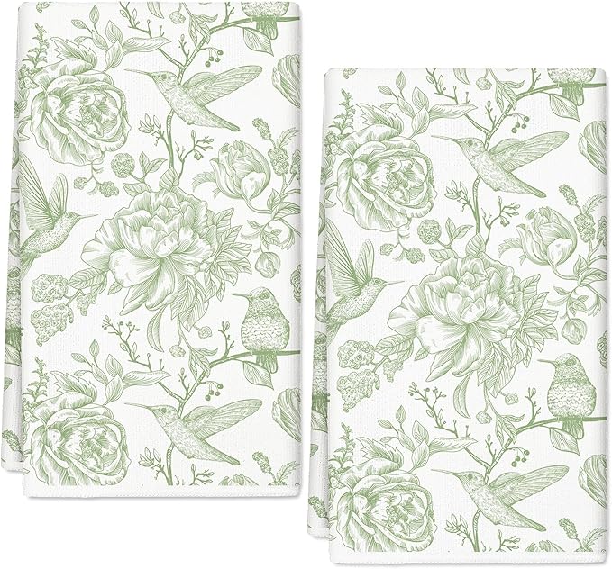 Green Floral Kitchen Towel Flower Birds Dish Towel 18 x 28 Inch Hand Drying Tea Towel for Cooking Baking Party Supplies, 2Pcs