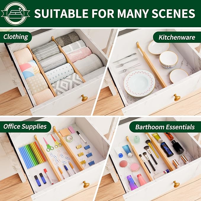 Dunruz 4 Pack Bamboo Drawer Dividers 2.6" High,Adjustable Spring Loaded Clothes Drawer Organizers for Kitchen, Dresser, Bathroom, Bedroom and Office