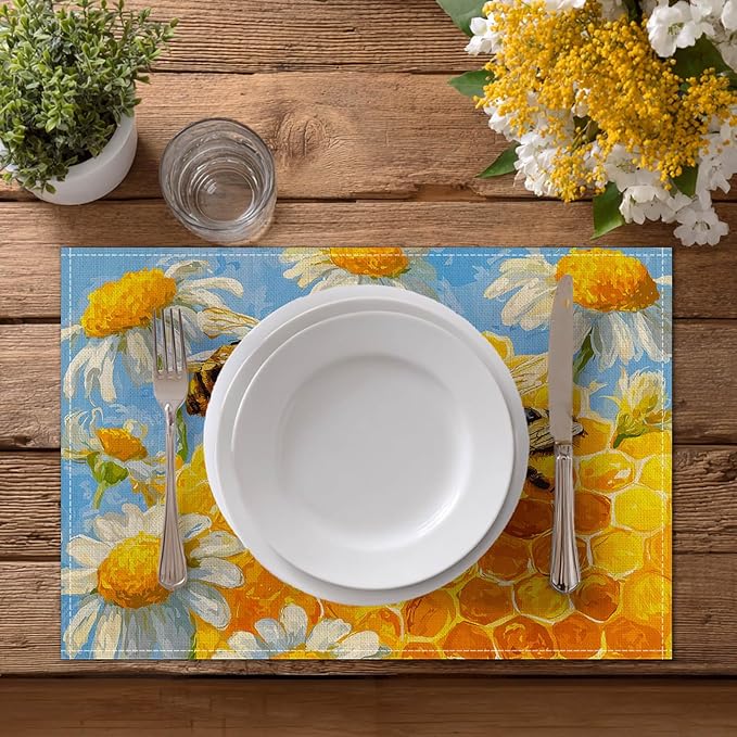 HOMETITUTE Placemats Set of 4 12x18 inch Spring Table Mats for Dining Table Honeycomb Bee Linen Placemats Farmhouse Decorations Kitchen Decor Desk Mat for Outdoor Home Party Kitchen Seasonal Dining