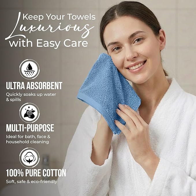RIVERSIDE Pack of 24 Wash Cloths for Showering, 12 x 12 Inches, Super Soft & Absorbent, 100% Cotton Washcloths Premium Quality Flannel Face Cloths for Bathroom, Gym, Spa (Electric Blue, 24 Pack)