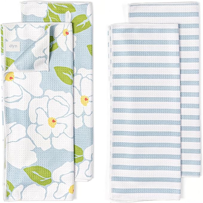ELYN Microfiber Kitchen Dish Towel Set, Quick-Dry & Absorbent Waffle Weave Cleaning Towels, Set of 4 Kitchen Towels, Paper Towels Alternative (Magnolias & Stripe)